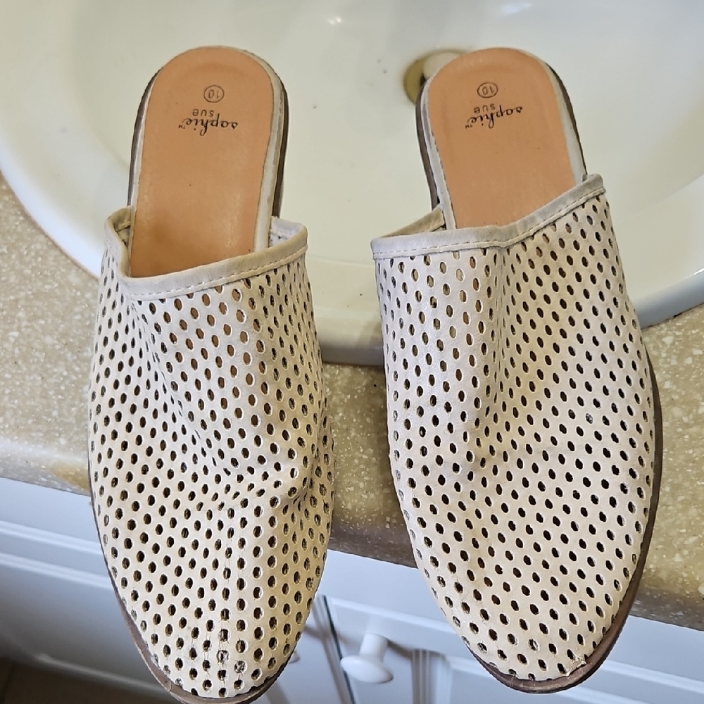 Sophie Rue Cream Mules with Perforated Design